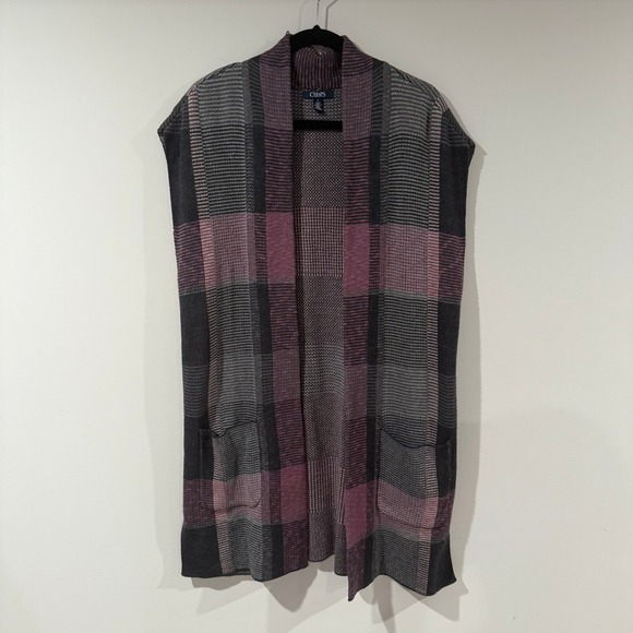 CHAPS Womens Medium Sleeveless Cardigan Duster Sweater Plaid Knit Pockets Size M - Picture 1 of 7